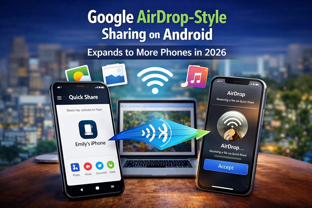 Google AirDrop-style sharing on Android enabling wireless file transfer between Android and iPhone devices