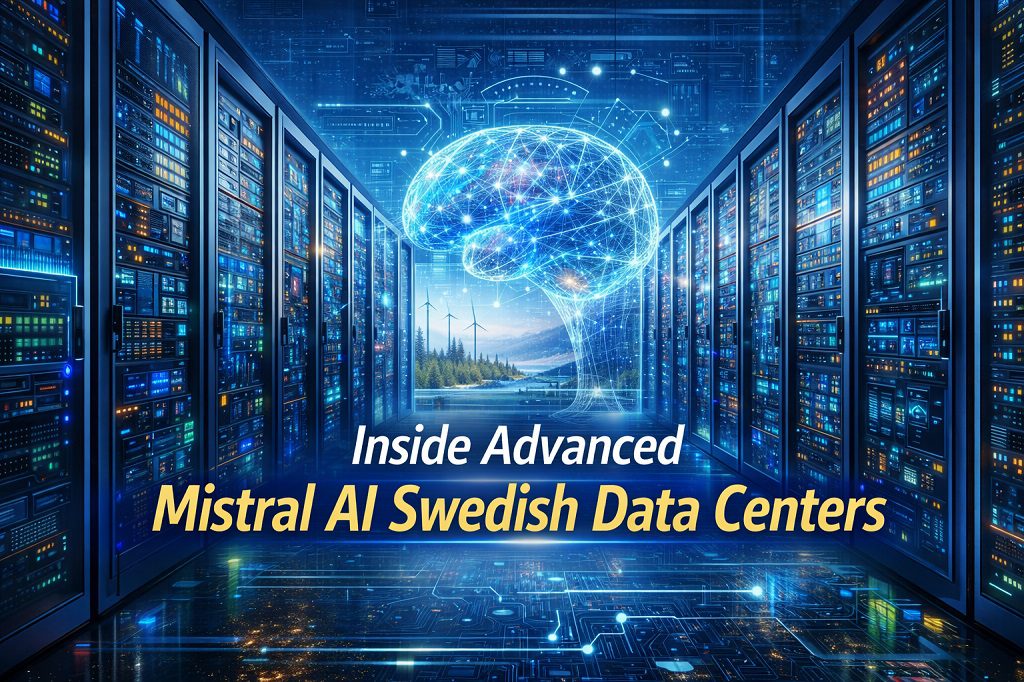 Inside view of Mistral AI Swedish data centers showing server racks, AI holographic data visualizations, snowy Swedish landscapes, and renewable energy turbines