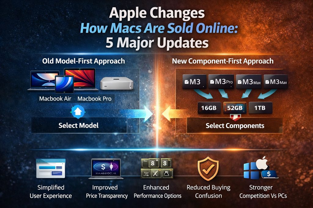 Apple Changes How Macs Are Sold Online showing old model-first vs new component-first Mac purchase approach