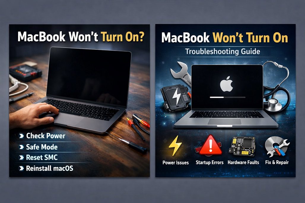 MacBook laptop with black screen, showing troubleshooting icons and tools for fixing startup, power, and hardware issues