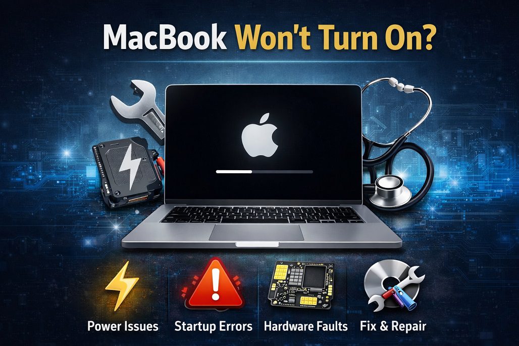 MacBook laptop with black screen on desk, showing power and battery icons for troubleshooting startup issues